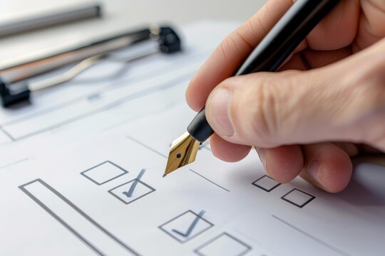 Close up of hand using fountain pen marking checkboxes on a document, concept of completing tasks or survey