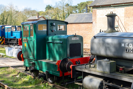 Whitwell, Norfolk, UK - April 12 2026. Vintage and classic train engine in a shunting yard awaiting restoration