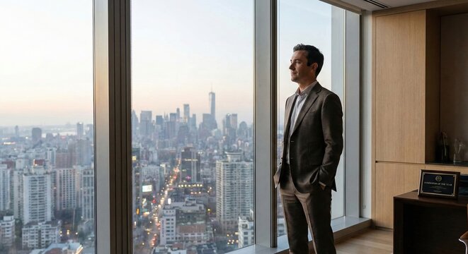 A confident businessman looks at the cityscape from a high-rise office building