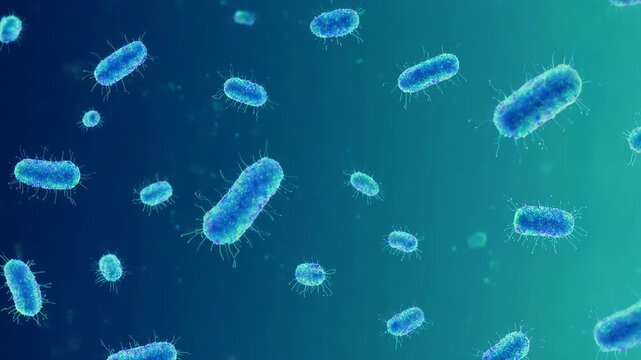 Abstract bacteria particles floating slowly on clean blue background