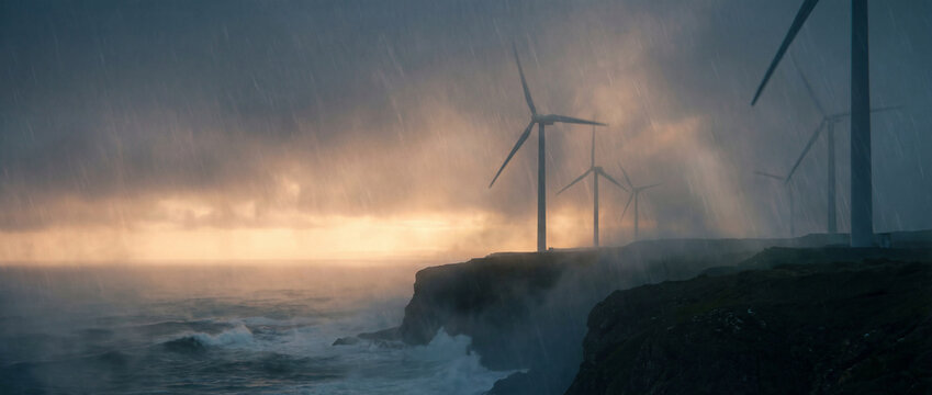 Cinematic Wind Turbines in Stormlight Over Rugged Coastal Cliffs
