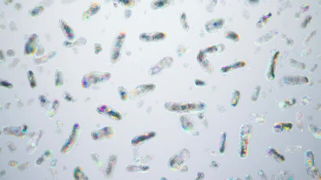 Clean white background with subtle bacteria shapes drifting
