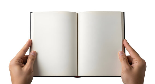 A pair of hands holding an open book with blank pages.