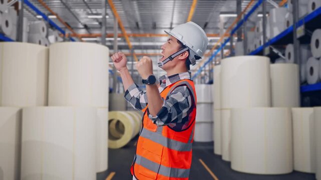 Side View Of Asian Male Engineer With Safety Helmet Screaming Goal Celebrating Working at Warehouse with Rows of Stacked White Polymer and Paper Rolls