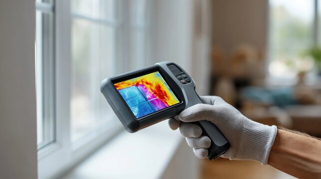 Thermal imaging camera inspecting window for heat loss and energy efficiency