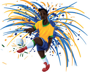 Jogador de futebol brasileiro chutando bola com explosão de cores azul e amarelo © Diogenes
