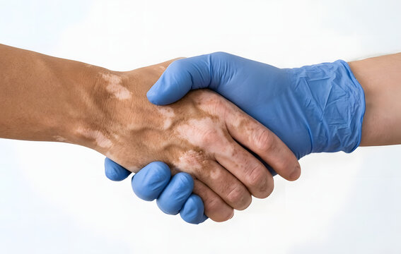 Close-up of a Medical Professional in Blue Latex Glove Shaking Hands with a Person with Vitiligo. Conceptual Image of Dermatology Care, Skin Diversity, and Medical Support for Autoimmune Skin Conditio