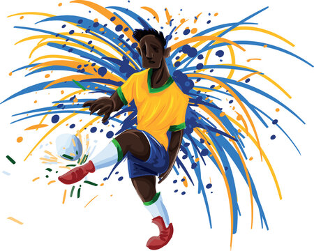 Jogador de futebol brasileiro chutando bola com explos&atilde;o de cores azul e amarelo