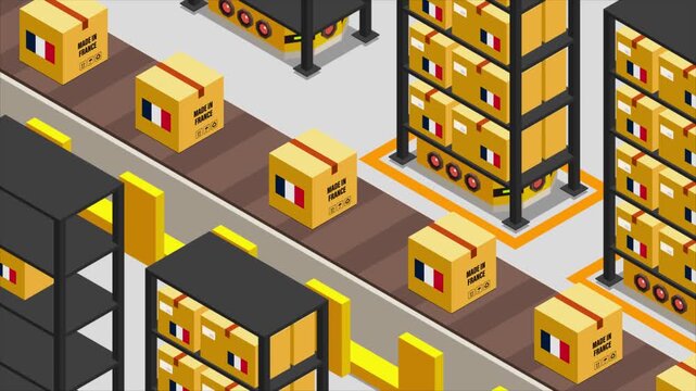 Smart Automated Warehouse System with Flag of FRANCE, Modern Industrial Logistics and Supply Chain Animation