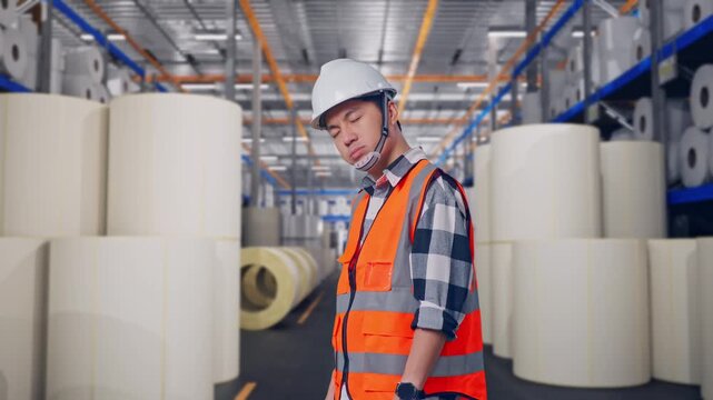 Side View Of Asian Male Engineer With Safety Helmet Having A Headache While Working at Warehouse with Rows of Stacked White Polymer and Paper Rolls