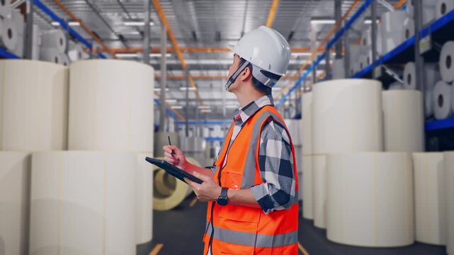 Side View Of Asian Male Engineer With Safety Helmet Taking Note On The Tablet And Looking Around While Standing at Warehouse with Rows of Stacked White Polymer and Paper Rolls