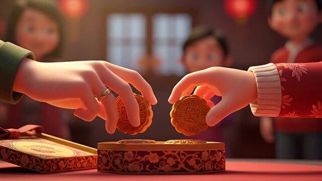 Cartoon depiction of people holding mooncakes near an ornate box and a window