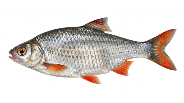 Isolated rudd fish freshwater cyprinid species silver body red fins aquatic animal wildlife ichthyology black background detailed illustration