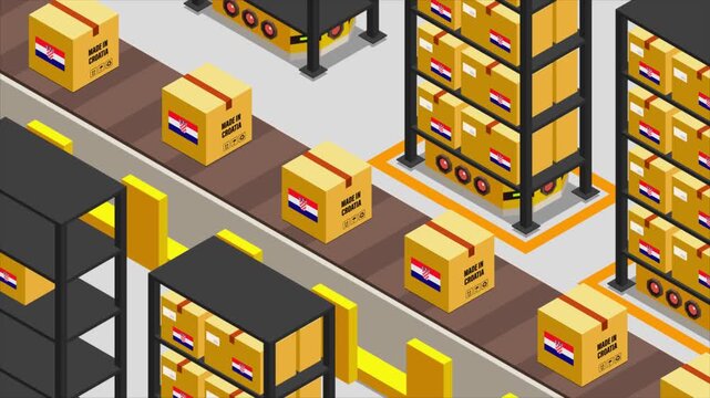 Smart Automated Warehouse System with Flag of CROATIA, Modern Industrial Logistics and Supply Chain Animation