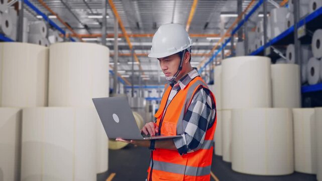 Side View Of Asian Male Engineer With Safety Helmet Working On A Laptop While Standing at Warehouse with Rows of Stacked White Polymer and Paper Rolls