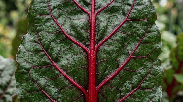 Close up macro view of a fresh green chard leaf with vibrant red veins growing in a garden.
