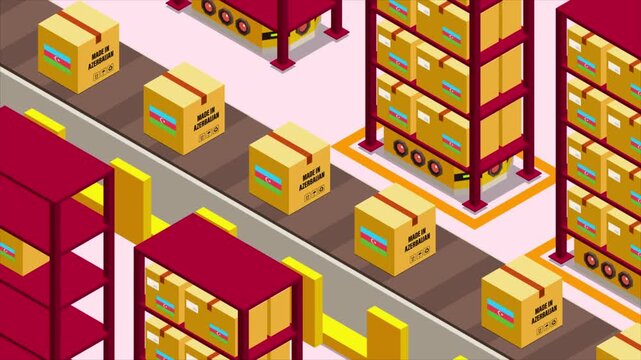 Smart Automated Warehouse System with Flag of AZERBAIJAN, Modern Industrial Logistics and Supply Chain Animation