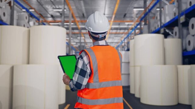 Back View Of Asian Male Engineer With Safety Helmet Working On A Green Screen Tablet And Looking Around While Standing at Warehouse with Rows of Stacked White Polymer and Paper Rolls