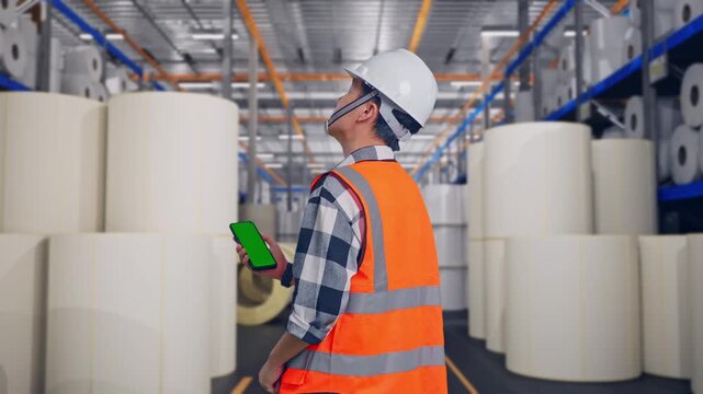Back View Of Asian Male Engineer With Safety Helmet Working On A Green Screen Smartphone And Looking Around While Standing at Warehouse with Rows of Stacked White Polymer and Paper Rolls