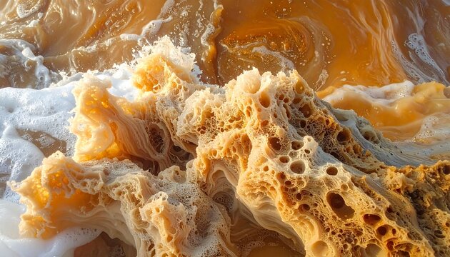 Turbid, churning water exhibits thick, foamy texture, blending beige hues with sections of white froth and wave patterns