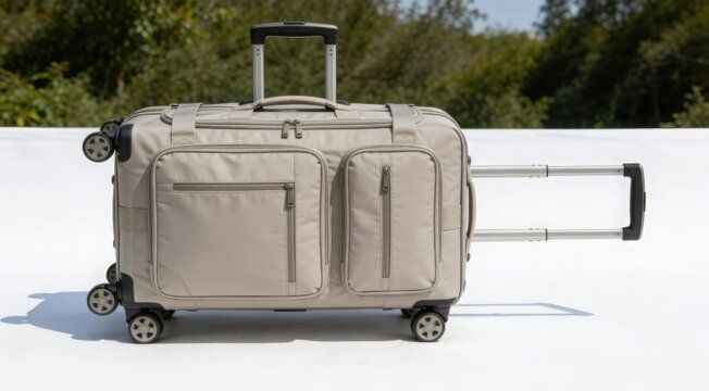 Beige rolling duffel bag with spinner wheels and retractable handles for travel on white background