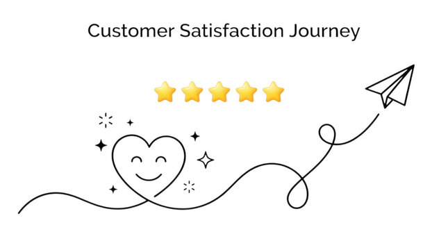Minimalist customer satisfaction journey concept five star rating and paper airplane on black background shows positive feedback loop