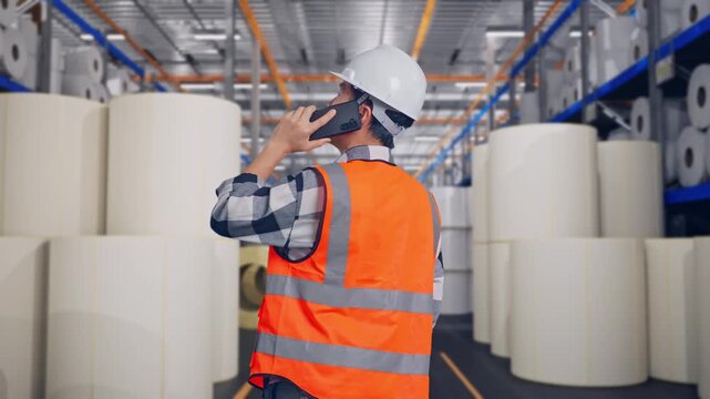 Back View Of Asian Male Engineer With Safety Helmet Talking On Smartphone While Standing at Warehouse with Rows of Stacked White Polymer and Paper Rolls