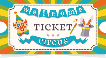 Retro style circus ticket with a funny clown, a magic hat with a rabbit and a magic wand ideal for kid's birthday party invitations, carnival posters, or magic show announcements. © Olena Nikitina