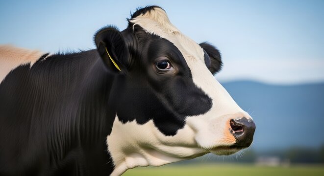 Happy summer day with a holstein cow pastoral scene and farm life