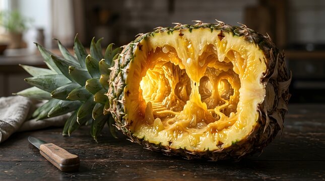 Surreal Pineapple Cave with Glowing Golden Interior on Rustic Wooden Table - Conceptual Food Art Photography.