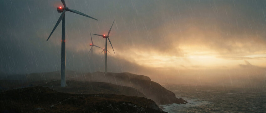 Cinematic Wind Turbines in Stormlight with Red Aviation Beacons on Coastal Cliffs