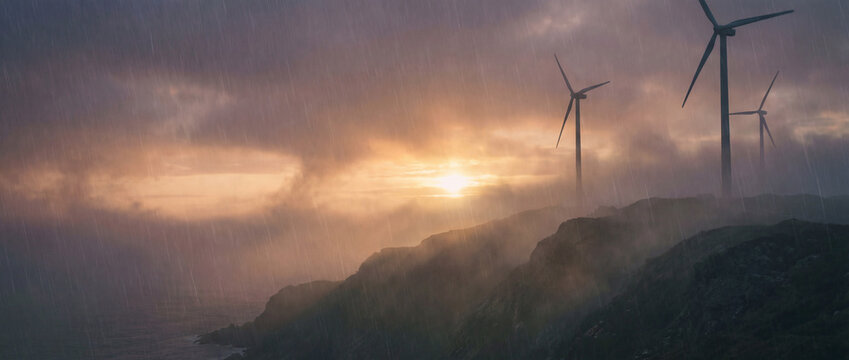Cinematic Wind Turbines in Stormlight Above Coastal Cliffs at Sunset