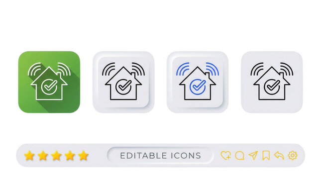 Smart home control system vector icons showing wireless connectivity and security in multiple color options for digital platforms