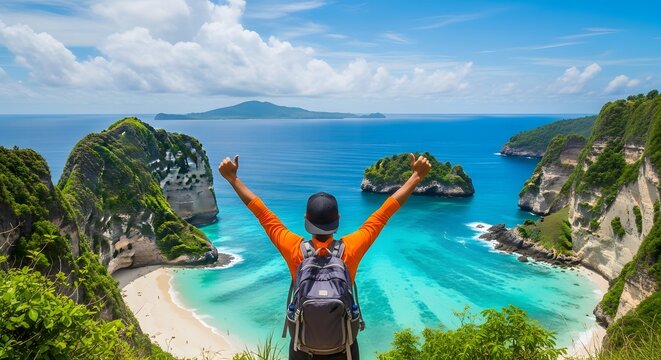 Happy summer day woman celebrating freedom with arms raised on tropical beach