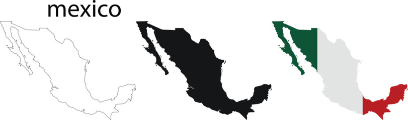 Fototapeta premium Mexico map vector set with outline, solid silhouette and flag color design, detailed country shape illustration, geographic icon collection for infographic, travel, education and political use