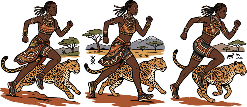 African tribal woman running with leopard in savanna landscape traditional culture wildlife motion vector illustration set dynamic movement design.