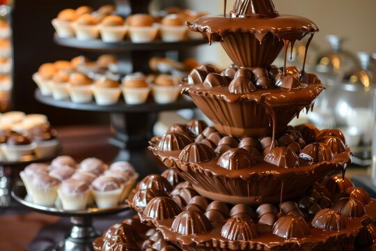 Chocolate fountain dripping over small chocolate candies on a dessert table, with muffins and other pastries in the background