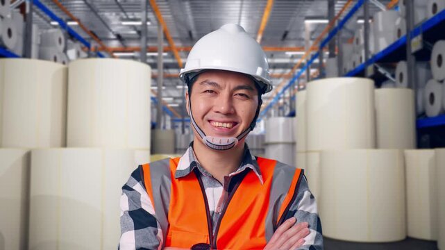 Close Up Of Asian Male Engineer With Safety Helmet Crossing His Arms And Smiling To Camera While Standing at Warehouse with Rows of Stacked White Polymer and Paper Rolls