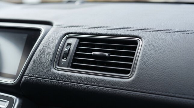 Close up view of a modern car air conditioning vent on the dashboard.