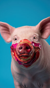 Conceptual portrait of a pig with thick makeup on a teal background, illustrating the 'lipstick on a pig' idiom regarding superficial fixes that fail to disguise fundamental flaws.