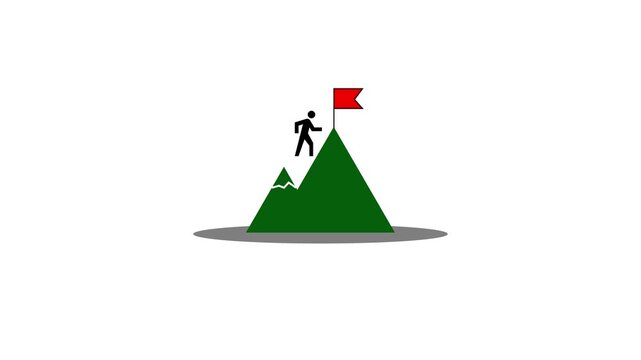 Man conquering mountain peak icon animation on a white background, symbolizing victory, success, and achievement of goals.