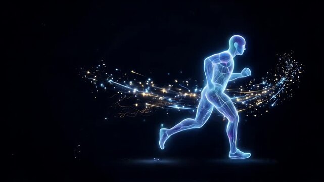 An illustration of a glowing, wireframe runner is captured in motion against a black background, leaving a trail of stars and light streaks. The effect creates a dynamic and futuristic feel.