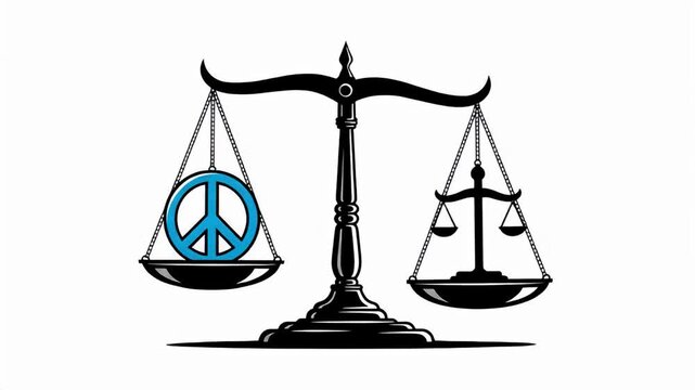 Balance scale with a peace sign on one side, weights on the other, black/blue on white