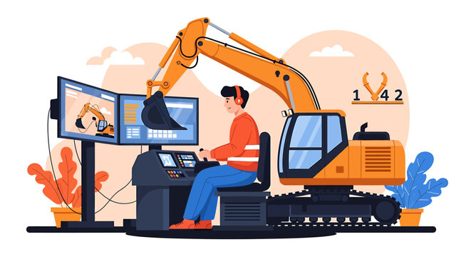 Construction worker operating heavy machinery in a simulator.