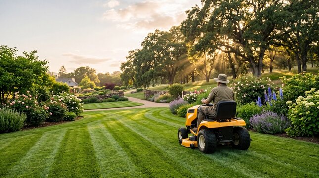 Scenic garden maintenance scene with a gardener riding a mower across a striped green lawn at sunset, surrounded by blooming flowers, trees and elegant landscape design.