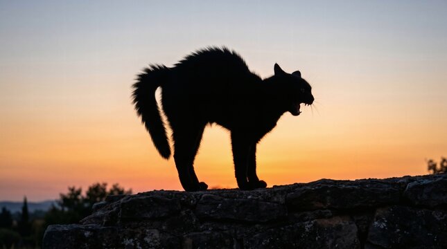 Silhouette of a cat with arched back on a stone wall at sunset.