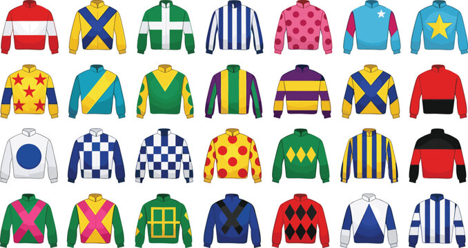 Horse Racing Jockey Silks Icon Set with Colorful Uniform Patterns Stripes Diamonds Stars and Checks Vector Collection for Sports Betting and Equestrian Design