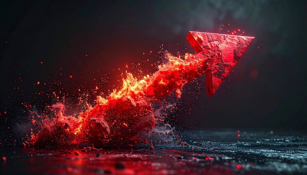 A vivid red arrow pointing upwards surrounded by flames and sparks representing rapid business growth success and powerful market performance.