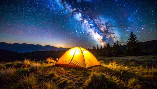 Bright yellow camping tent illuminated at night under a stunning starry sky with a view of the milky way galaxy over mountain landscape.