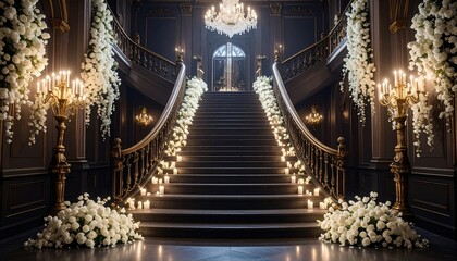 Obraz premium A luxurious grand staircase in a classic mansion interior decorated with elegant white floral arrangements and glowing candle light ambiance.